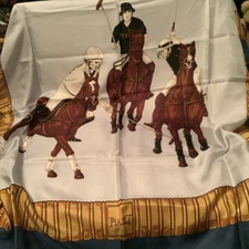 PIAGET VTG  Silk Scarf 34 x 34 In. Polo Horsemen Gold & Blue 100% Silk Scarf