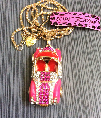 Betsey Johnson Pink Crystal Car Pendant on Gold Chain Necklace New Beauty!