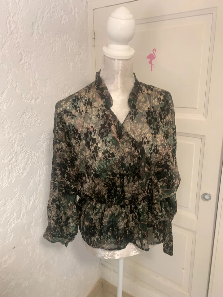 haut tissu voile cache coeur taille S/M kaki beige noir comme neuf - Photo 3/4