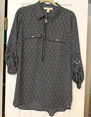 Michael Michael Kors Women's Black White Geometric Half-Zip Blouse Roll Tab L