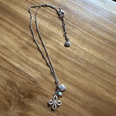 Fossil Necklace Silver Tone Flower Pendant Heart Bead Charm Boho Chic Jewelry