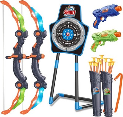 LED-illuminated bow and arrow set, includes 2 foam dart guns.