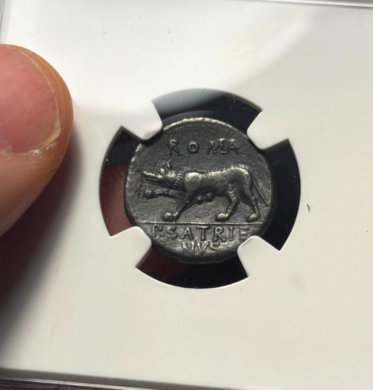(#102853) Roman Republic: P. Satrienus 77 BC  NGC VF  she-wolf rev (see video!)