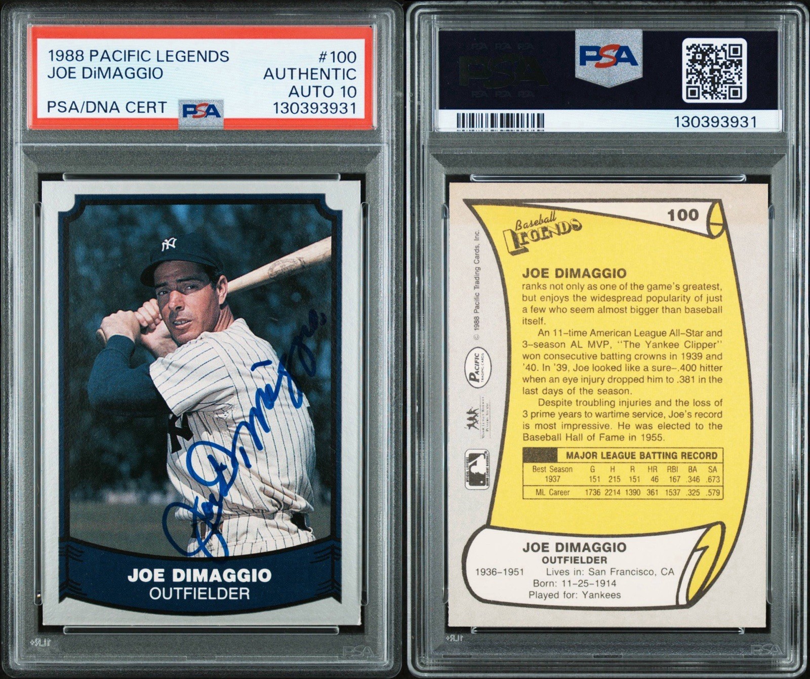 Joe DiMaggio HOF Signed 1988 Pacific Legends #100 Yankees PSA/DNA 10 AUTO RARE