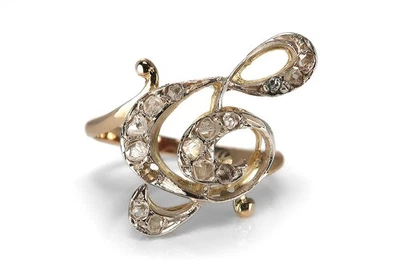 Notenschlüssel Ring Antik ca.1935 mit Diamantrosen [BRORS 17286] - Bild 1 von 4