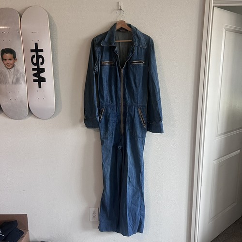 Vintage 70s Denim Bell Bottom Jumpsuit Male Brand Flare Leg Full Zip Sz 40 Disco - Picture 6 of 7