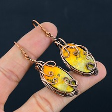 Natural Bumble Bee Jasper Gemstone Dangle Drop Copper Earrings Jewelry For Gift