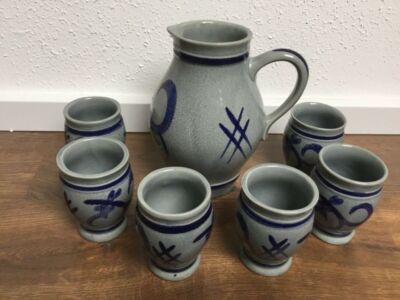 Original Gerz Gerzit Saft- / Weinkrug, Kanne, mit 6 Bechern, glasiert