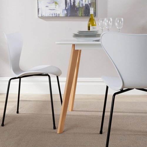 Dining Table Set 120cm White Top Wooden Legs 4 Curved Plastic Metal White Chairs - Picture 3 of 12