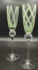 Pair Crystalite Bohemia Czech Green White Swirl Champagne Flute Glass Handblown 