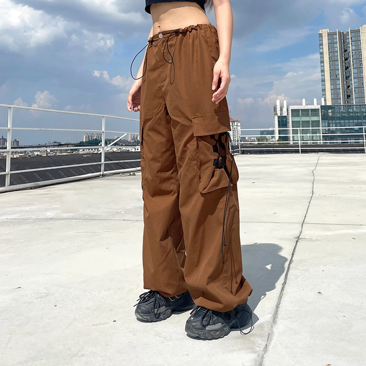 Women's Punk Drawstring Baggy Straight Legs Trousers Multi Pockets Cargo  Pants