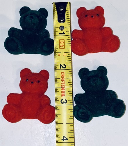 4 Red and Green 1 1/2” Fuzzy Flocked Flat Back Teddy Bear Embellishments - Picture 8 of 9