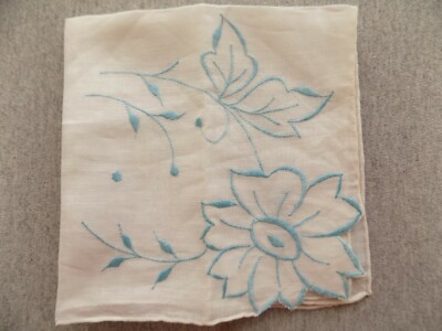 Vtg Linen Handkerchief Hankie White Blue Embroidered Flowers Desco Hong Kong