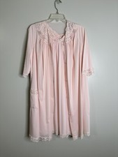 Shadowline Robe Gown Set Knee Length Nylon Pink Lace Trim Housewife Small