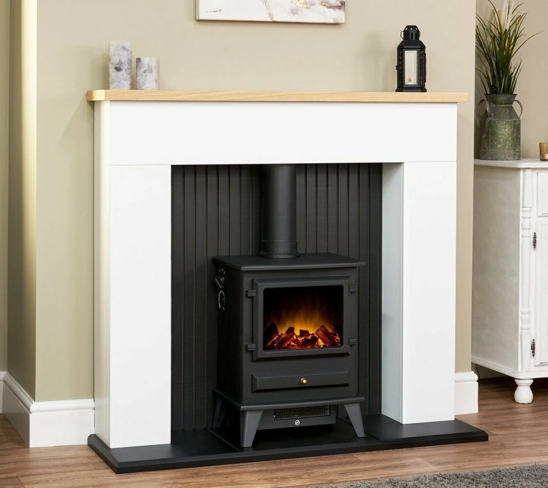 ELECTRIC FIRE STOVE WHITE OAK BLACK MODERN FIREPLACE LOGS SURROUND SUITE  BNIB | eBay