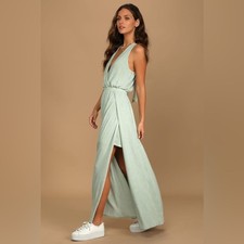 NWT LuLus Sunny Day Perfection Sage Green Tie-Back Maxi Dress, M!