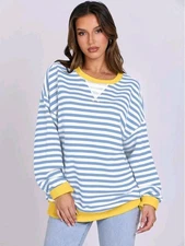 ANRABESS Women Striped Sweatshirts Oversized Crewneck Long Sleeve Shirts Y2K...