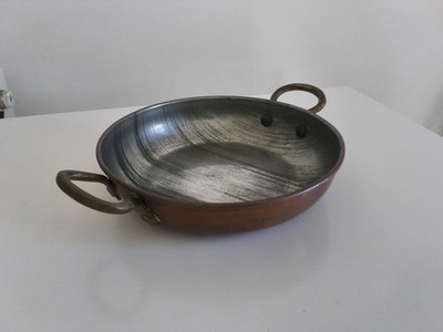 Vintage Französische Kupferpfanne Zinn Gefüttert Messinggriffe 6'' Au Gratin Servierschale