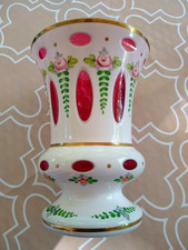 Moser White Cased Cut To Cranberry Bohemian Czech Glass Vase Enamel Flowers