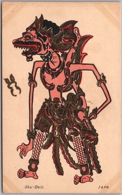 Vintage JAVA Indonesia Postcard ''Shu-Bali'' Javanese Wayang Kulit Shadow Puppet