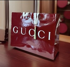 Authentic Gucci Burgundy Large Glossy Paper Shopping Tote Bag W/ Ribbon Charm