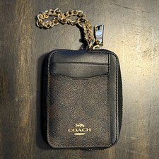Coach Black Leather Zip ID/Document Holder w/ Clear Window Gold Chain Logo