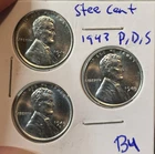 1943 P D S UNC Wheat Steel Lincoln Cent 3 Coin Mint Set