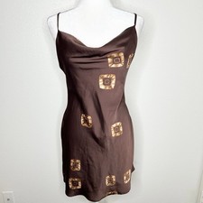 Urban Outfitters Womens Mallory Brown Satin Cowl Neck Strappy Mini Dress Size M