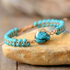 Boho Blue Turquoise Double Braided Beads Leather Braided Healing Reiki Bracelet