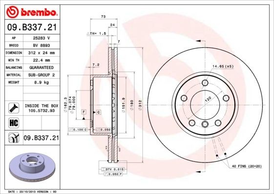 Disques de frein Brembo 09.B337.21 d'origine pour l'essieu avant