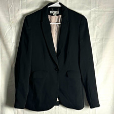 H M Women  s Black Woven Lined 1-Button Blazer Jacket Pockets Size 6