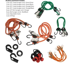 1-PK - 24-PCs Assorted Bungee Cords - Tarp Bungee, Mini Bungee, J-Hook Bungee