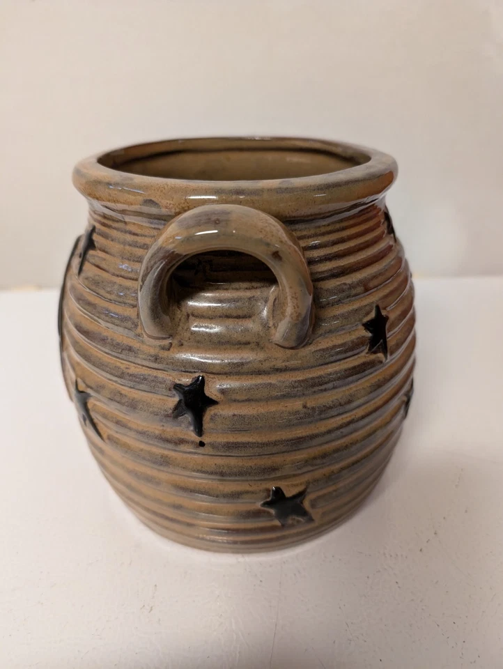 Prim Crock Crow Honey Jar Glazed Ceramic W Handles Pumpkin Stars Ribbed Brown  - Image 4 of 4