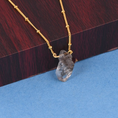 Herkimer Diamond Rough Pendent & Necklace 925 Sterling Silver Gold Plated Chain - Picture 7 of 12