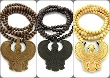 Egyptian God Horus Bird Pendant 8mm 36" Wooden Bead Necklace XJ233