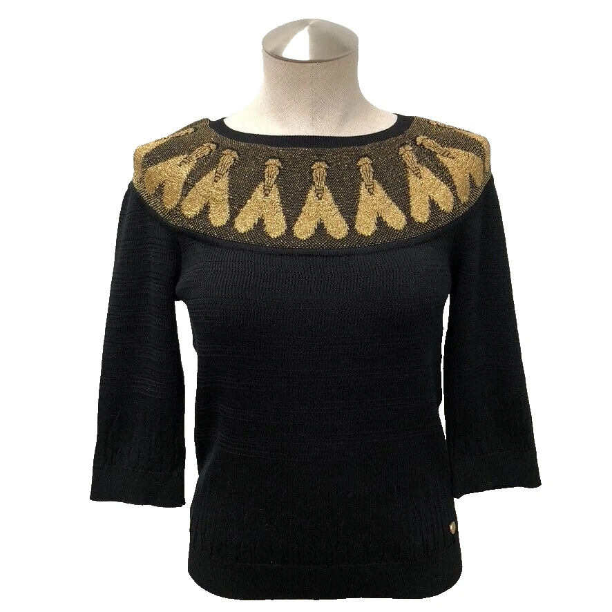 Chanel — Chanel Scarab Beatle Silk Knit Sweater Womens 40 Small Black Gold Designer