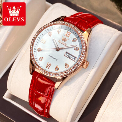 OLEVS Women's Luxury Auto Mechanical Watch Leather Strap Roman Rhinestone Case