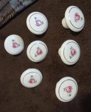 Set of 7 VINTAGE Pink Rose w/Gold Trim Porcelain Door Cabinet Knobs Handles
