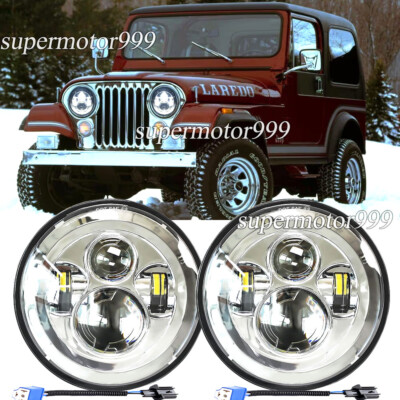 Pair Chrome 7'' Round LED Headlights Hi/Lo Beam Fit Jeep CJ7 1976 1977 1978-1987