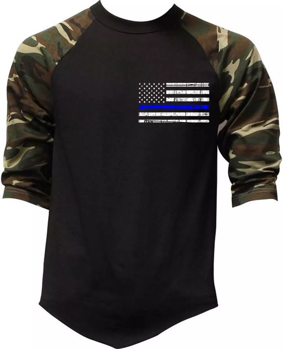 Men s Thin Blue Line USA Police Flag Camo Baseball Raglan T Shirt