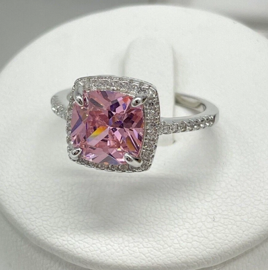 Anello donna argento 925 pietra rosa con zirconi trasparenti fine elegante M. 20 - Immagine 2 di 4