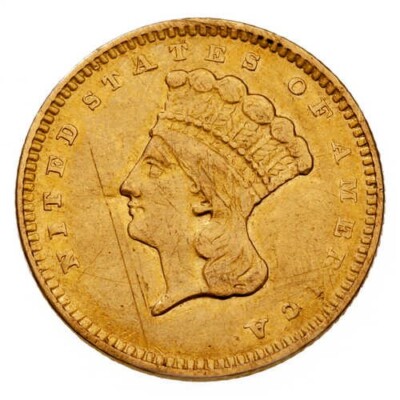 1856 $1 Gold Indian Princess in XF-AU Condition Gorgeous Early US Gold Slanted 5