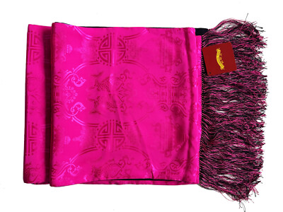 SHANGHAI TANG Fringed Scarf Silk Jacquard Reversible Magenta
