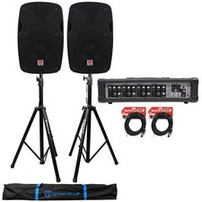 2 Rockville SPG88 8" 400w DJ PA Speakers 8-Ohm Powered 4-Ch Mixer Stands Cables