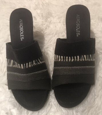 Aerosoles Womens Sz M Black Multi Stripes Slip On Comfort Wedge Sandals 