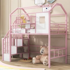Sturdy Metal Frame Loft Bed with Roof Design and A Storage Box, Twin, Pink
