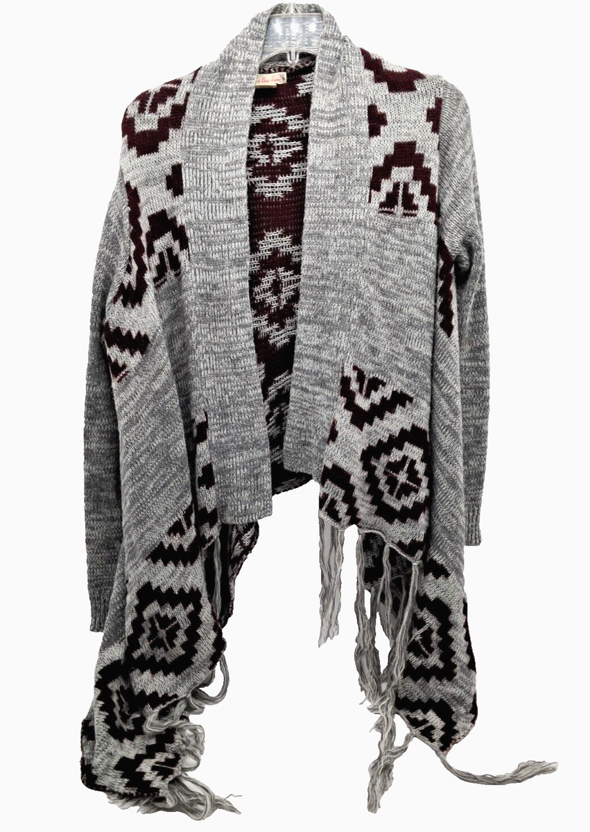 Fringed Asymmetric Hem Open Shawl Sweater Size S Gray Aztec