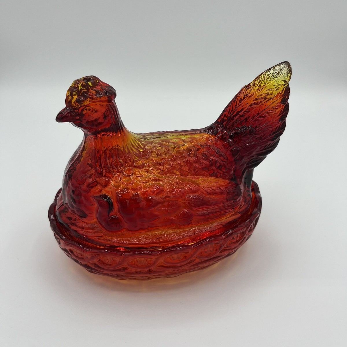 Vibrant Vintage Amberina Glass Hen On A Nest GLOWS Cadmium Orange