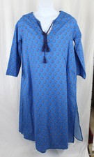 Ro's Garden Women's Blue White Print Cotton Tasseled Shift Dress Size XL