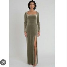 JENNY YOO NWT Velvet Solid Sage Green Long Sleeve Formal Evening Dress Gown Sz 0